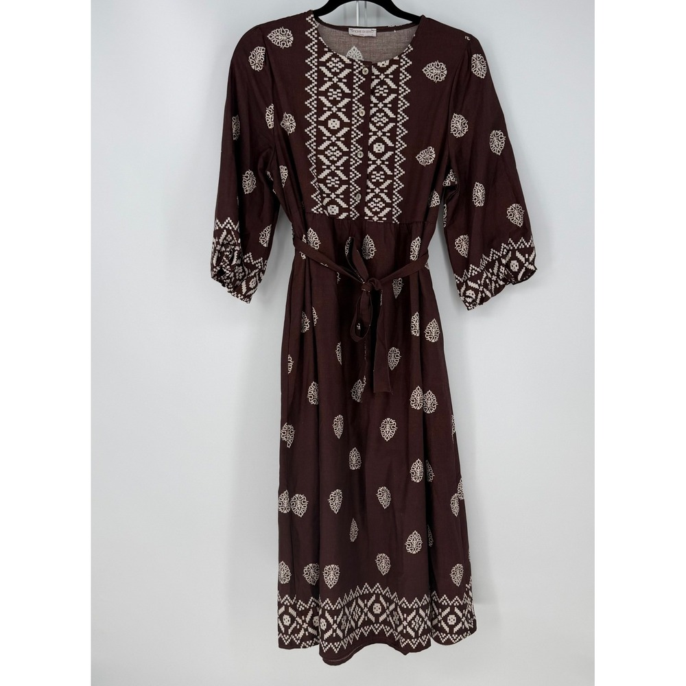 Spighe Di Lino Dress Womens L Brown Geometric Belted Midi Italy Boho Lagenlook